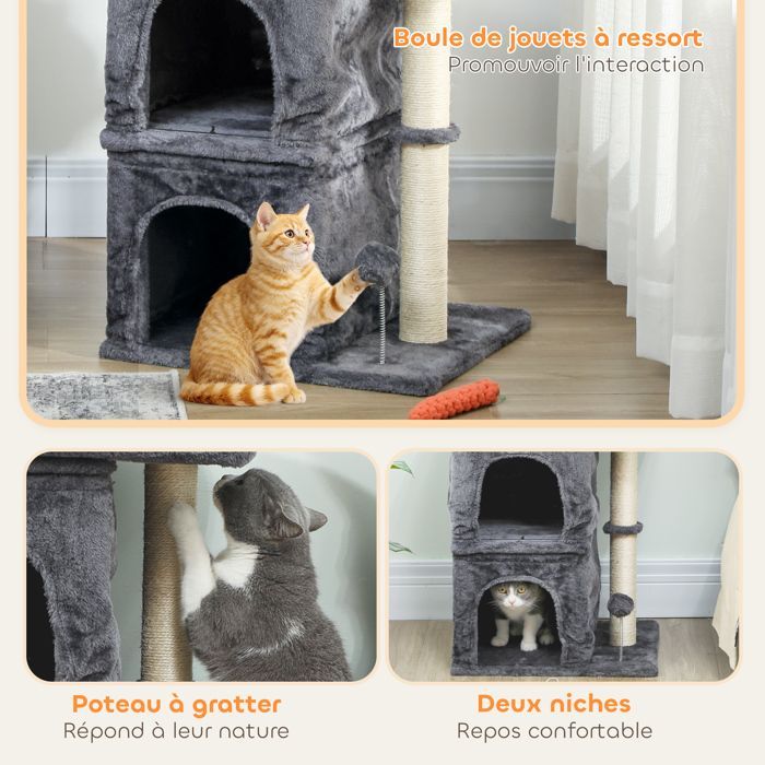 Cat tree - PawHut - large platform, 2 hideaways and plush ball, sisal scratching posts - 45 x 40 x 66 cm - dark grey