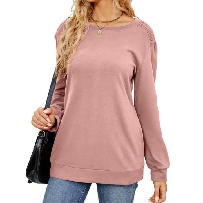 Pull Femme Col Rond Couleur Unie Pullover Lâche Manches Longues Confortable Pour Printemps Et Automne - Taille EU - Rose