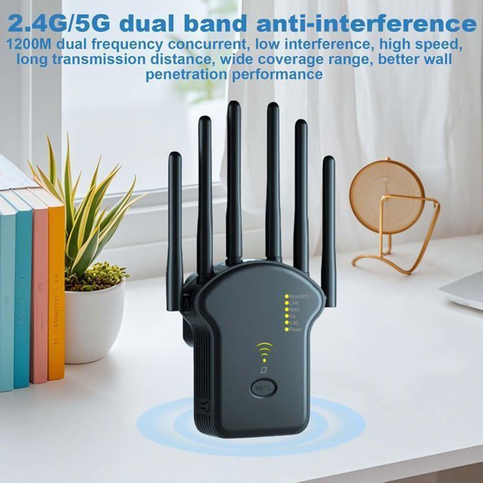 Repetidor Wi-Fi, amplificador Wi-Fi de 1200 Mbps, doble banda 2,4 GHz + 5 GHz, 6 antenas, con puerto LAN/WAN (negro)