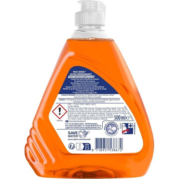 Paic Liquide Vaisselle Excel – Nettoie - Dégraisse – 500ml – Lot de 6