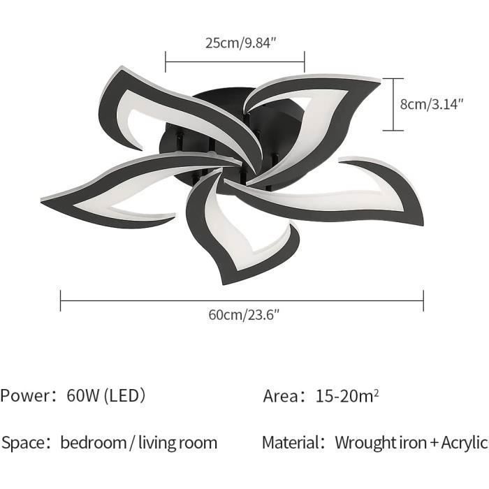 DELIPOP Plafonnier LED moderne 60W 6000K Lampe de Plafond Noir pour salon chambre cuisine salle à manger,5 Lumières acrylique,60 cm