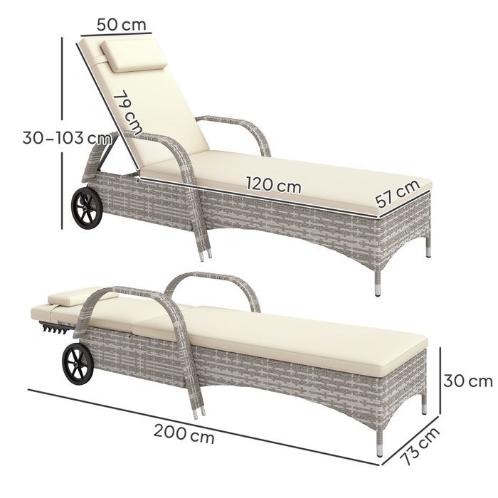 Sun lounger - Outsunny - multi-position adjustable recline - mattress, headrest, armrests, wheels - PE woven resin - light grey