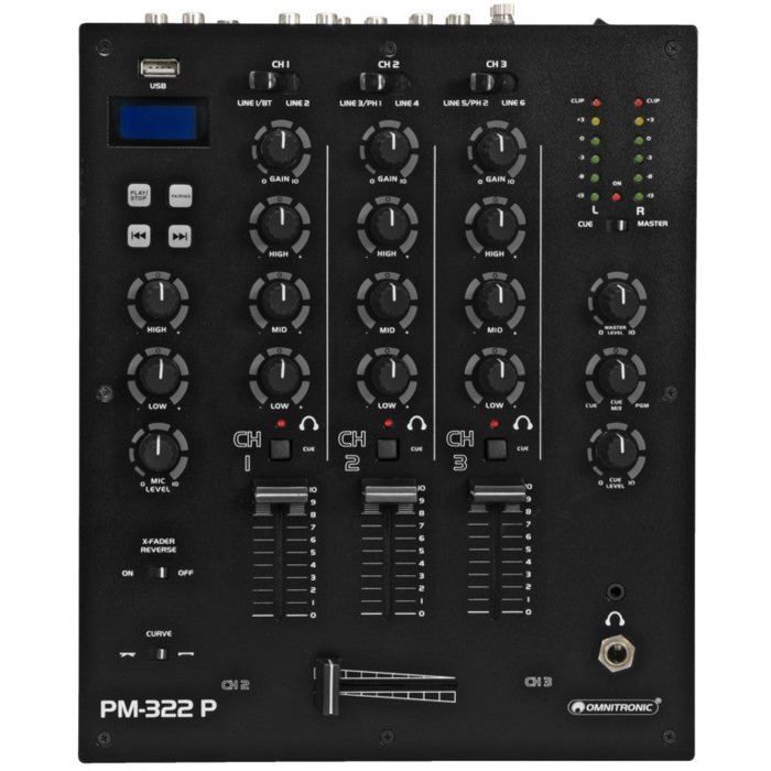 Mixer para DJ OMNITRONIC PM-322P de 3 canais com Bluetooth e reprodutor USB