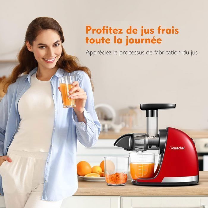 AMZCHEF Fruit- en Groentesapcentrifuge, Slowjuicer, BPA-vrije Citruspers, 99% Sapopbrengst, Rood