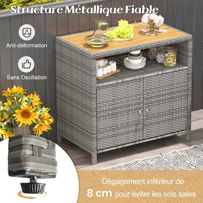 COSTWAY Coffre de Rangement en Rotin avec Plateau en Acacia, 2 Portes, Armoire de Jardin en Osier pour Piscine Terrasse Patio, Gris