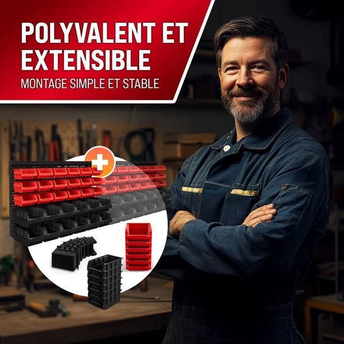 DEUBA® Étagère à outils murale avec 30 boites de rangement empilables et 2 panneaux muraux extensible rangement atelier
