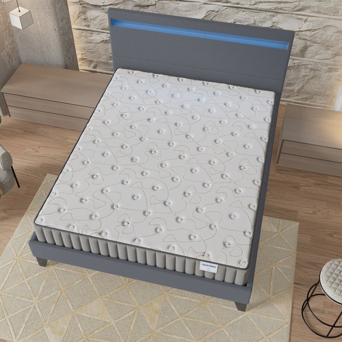 Colchón y cama Orionis (140 x 190 cm) 22 cm de espuma viscoelástica y espuma de alta densidad + base de láminas estable y cabecero LED gris