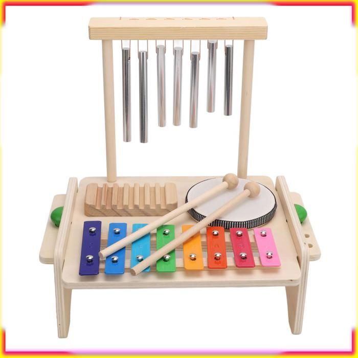 Batería infantil, instrumento musical para bebés que incluye xilófono, campanillas, tambor y raspador.