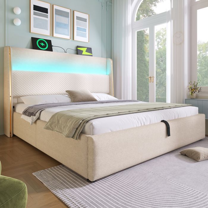 Letto matrimoniale imbottito 160 x 200 cm con illuminazione a LED. Letto contenitore con vani portaoggetti e porte USB e Type-C. Effetto lino, beige.