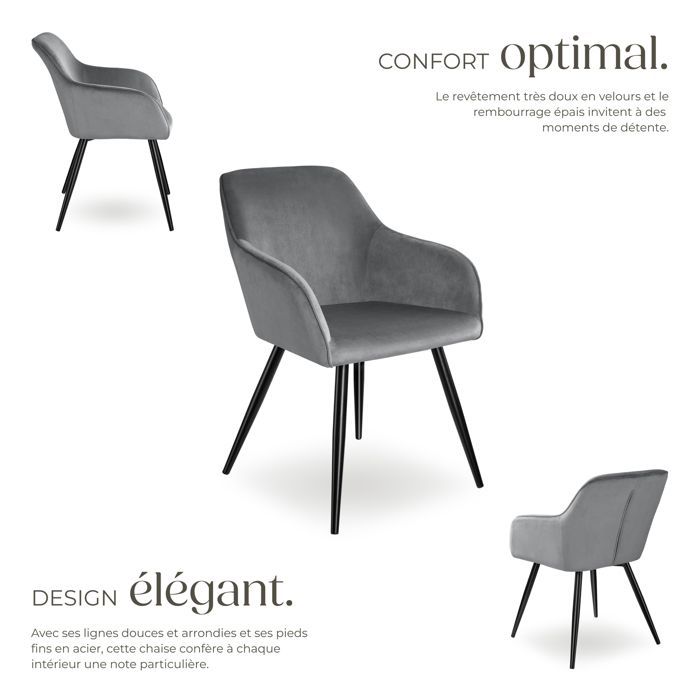 Sedia - TECTAKE - Sedia da pranzo MARYLIN in velluto con gambe in acciaio nero - Grigio/Nero