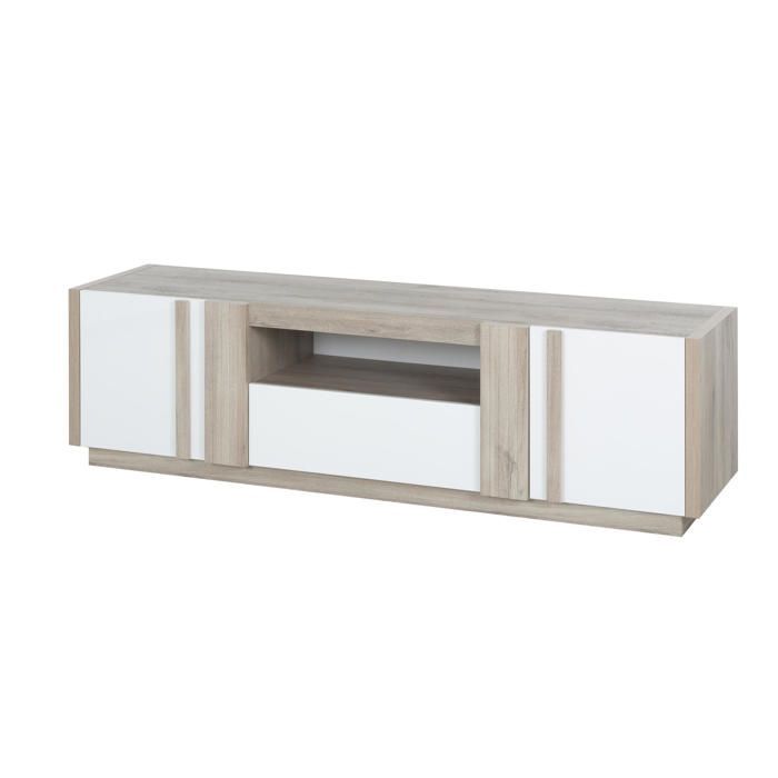 Mobile porta TV con finitura effetto legno rovere chiaro, 2 ante, 1 cassetto, bianco lucido.