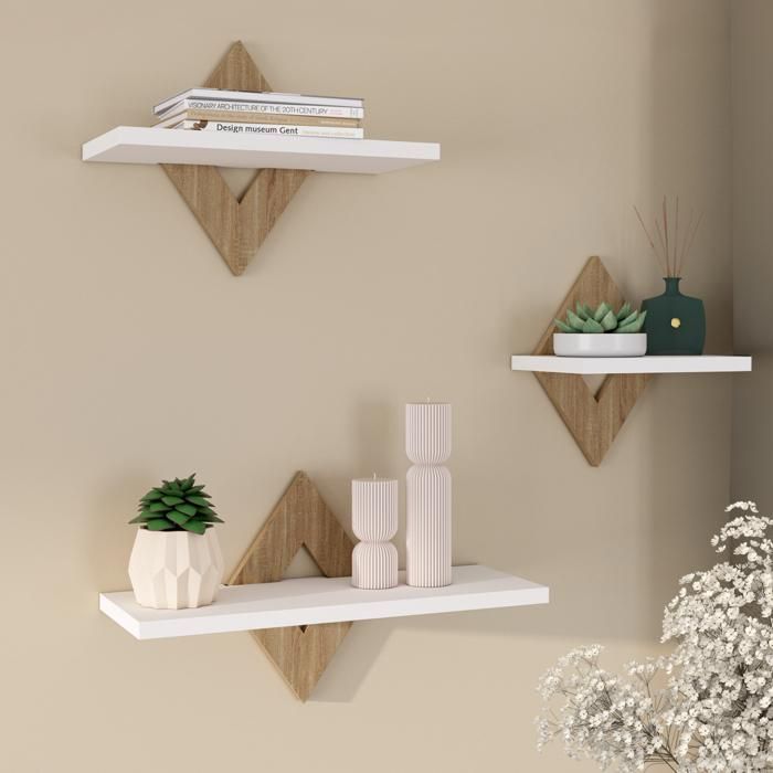 IDMARKET Juego de 3 estantes de pared IRIS, acabado en haya y blanco.