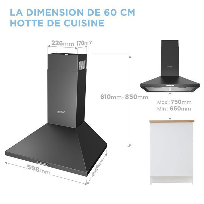 Cappa aspirante Comfee da 60 cm - 400 m³/h - Classe A++ - 2 filtri a carbone - 3 velocità - Ricircolo ed estrazione - Luce LED - Nera