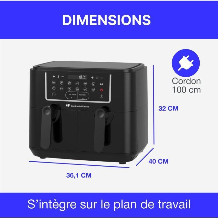 Continental Edison Air Fryer - CERFRSH24002CB - 9 L - Dual Trays - 2400W - Black
