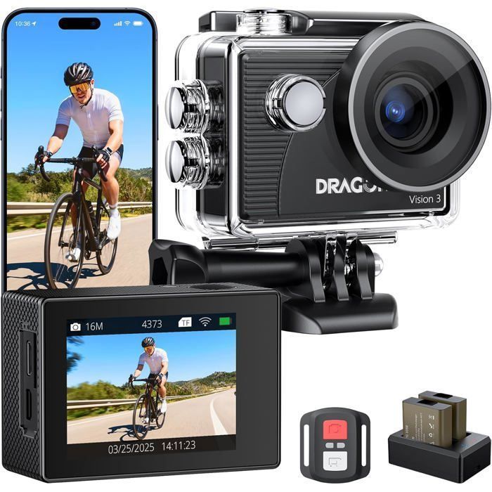 Dragon Touch 4K 20MP 30FPS Vision 3 -toimintakamera, vedenpitävä vedenalainen kamera, 170° laajakulma, 2.4G WiFi kaukosäätimellä, musta