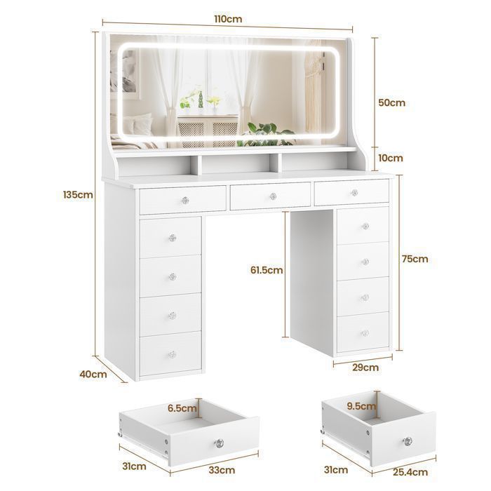 Tocador con espejo grande con iluminación LED, 11 cajones, toma de corriente y puertos USB, moderno tocador blanco, 110x40x135cm