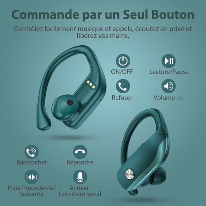 Écouteur Sans Fil Sportif VEATOOL Écouteur Bluetooth 5.1 Étanche IPX5 Son Stéréo Autonomie 48h Micro Intégré Vert