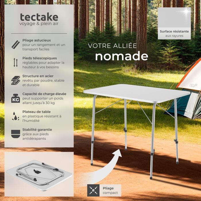 Mesa de camping - TECTAKE - JULIAN, plegable y compacta, con patas telescópicas, 80 x 60 x 68 cm - Gris