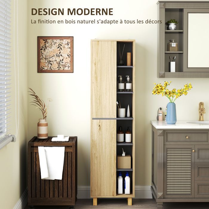 Mueble columna para baño - HOMCOM - 6 compartimentos abiertos y 2 armarios - dimensiones 40 cm de ancho x 24 cm de profundidad x 148 cm de alto - madera natural