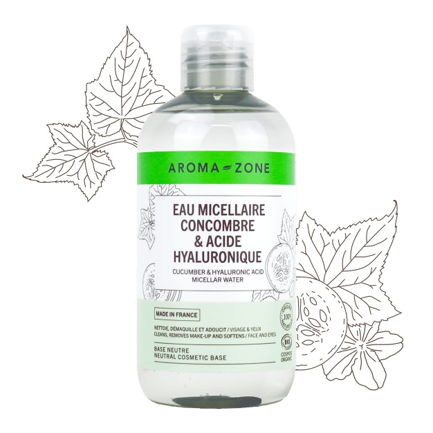 Agua micelar con pepino orgánico y ácido hialurónico.