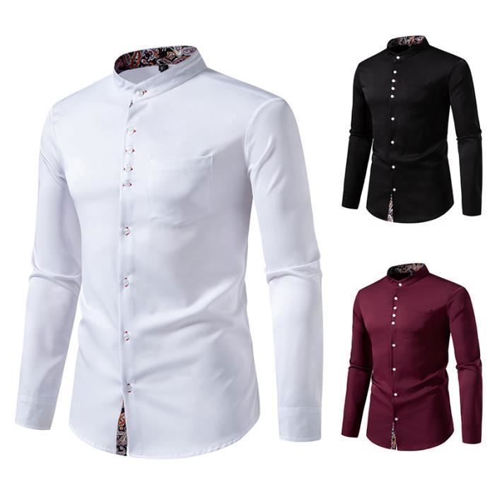 Camisa de manga larga abotonada de moda para hombre, bicolor, con cuello Henry - Blanca - INSFITY - Corte ajustado - Cuello de camisa