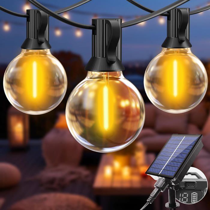 Guirnalda de luces solares para exteriores de 10 m, resistente al agua IP65, 4 modos de luz blanca cálida.