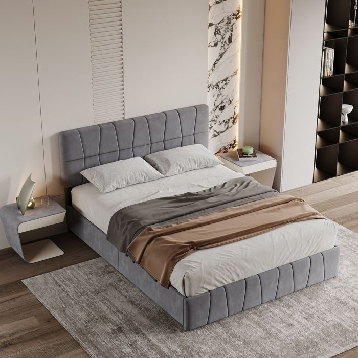 Cama de 160 x 200 cm con cabecero y somier de láminas, cama doble tapizada con almacenamiento, 4 cajones, estructura de cama de 160 x 200 cm con somier de láminas, terciopelo