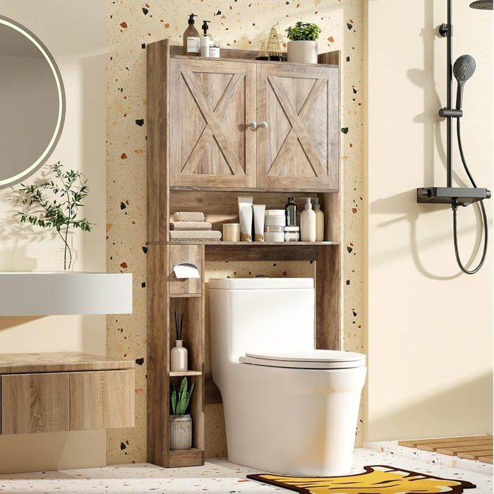 Armario para inodoro COSTWAY con 2 puertas, estante ajustable y portarrollos de papel higiénico para baño, color gris.