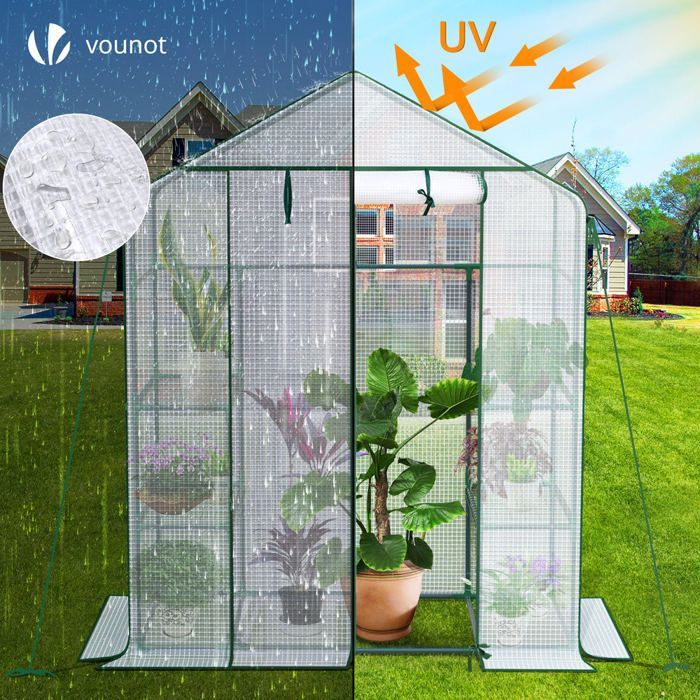VOUNOT® Garden greenhouse with shelves 143x73x195cm white - reinforced 135g/m² cover - mosquito net window - zipped roll-up door