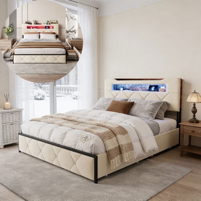 Lit 140x190 cm avec sommier à lattes, LED, cadre de lit double 140x190 avec rangement, tissu en velours beige, 2 places