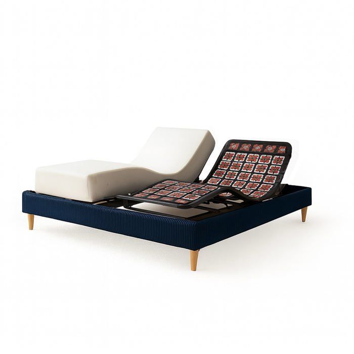 Set letto elettrico 140x190 blu – Base a doghe relax con bordo in velluto a coste + materasso
