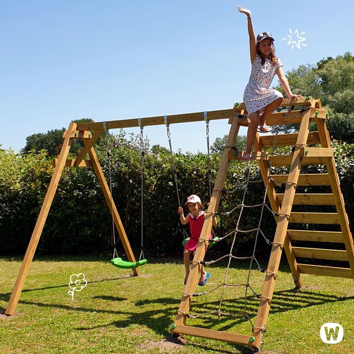 Columpio doble inteligente WICKEY Smart Cliff con pared de escalada y 2 asientos, rojo – 10 años de garantía*