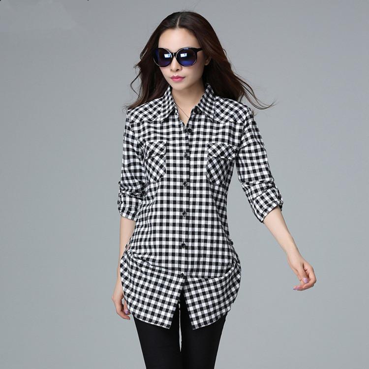 Blusa a cuadros para mujer, tops de manga larga para mujer, tallas grandes, algodón, camisa a cuadros blanca y negra, ropa de trabajo, camisa a cuadros para mujer, tallas L a 6XL