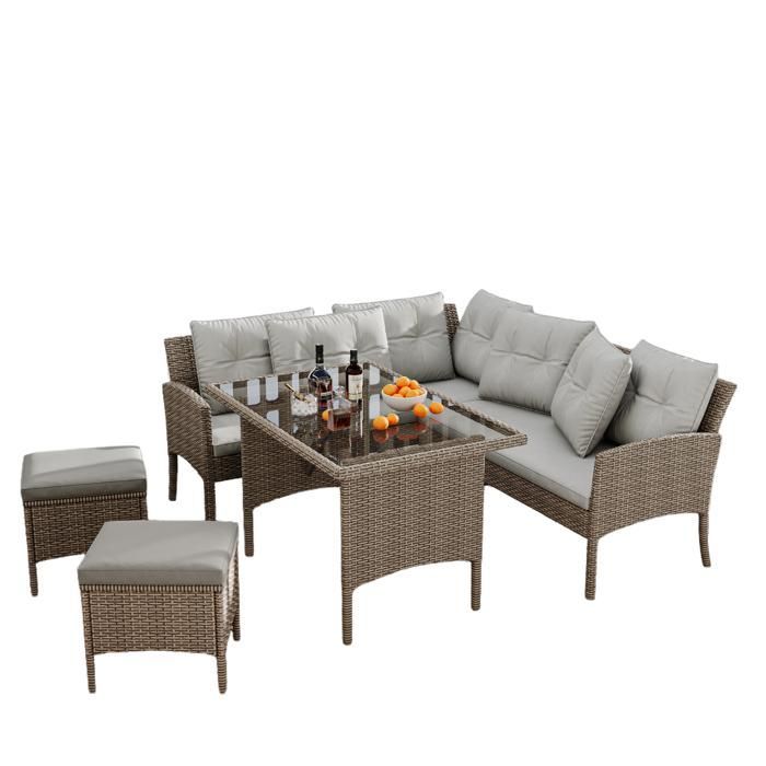 Set di mobili da giardino in rattan sintetico PE a 7 posti - 2 divani, 2 sgabelli e 1 tavolino - struttura in acciaio - grigio chiaro