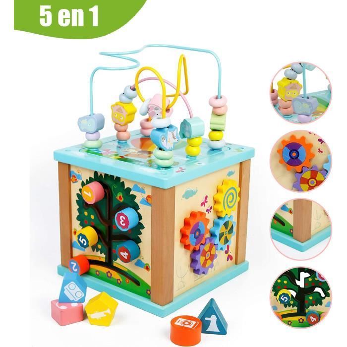 Giocattolo in legno - ZGEER - Cubo attività 5 in 1 - Multifunzionale - Labirinto di perline - Regalo per bambini dai 3 ai 5 anni