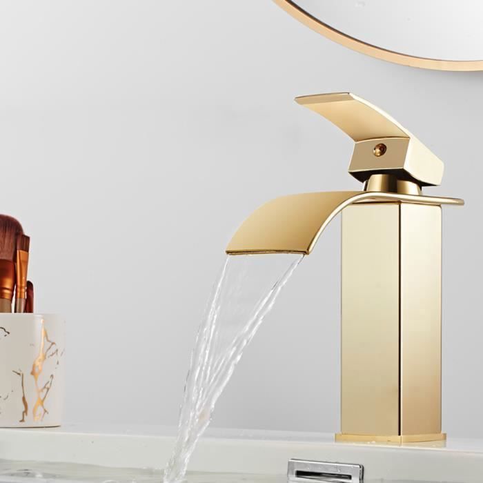 Gold Waterfall Bathroom Faucet, Brass Bathroom Sink Mixer Tap with Hot and Cold Water Available, Water Saver