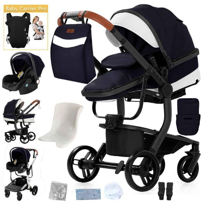 BAZARLAND 30. 3-in-1 Baby Stroller Combination Car Seat Carrycot Trio Reversible PU Leather Puncture-Proof Wheels Push Handle. BLACK AND WHITE