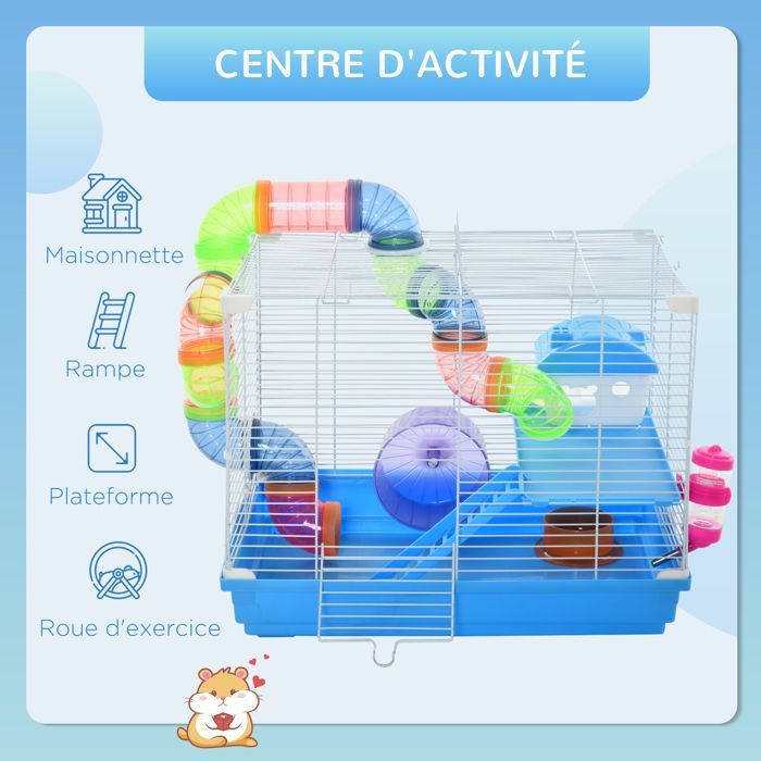 Cage pour hamster - PawHut - rongeur 2 niveaux tunnel biberon eau roue maisonnette échelles - plastique - 46x30x37cm - bleu