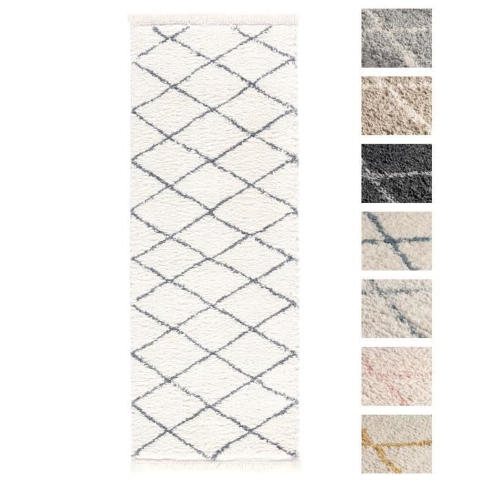 Shaggy Hallway Rug 80x300 cm Cream Anthracite Diamond Pattern - TESSO LIVING - Long Pile 3 cm - Synthetic