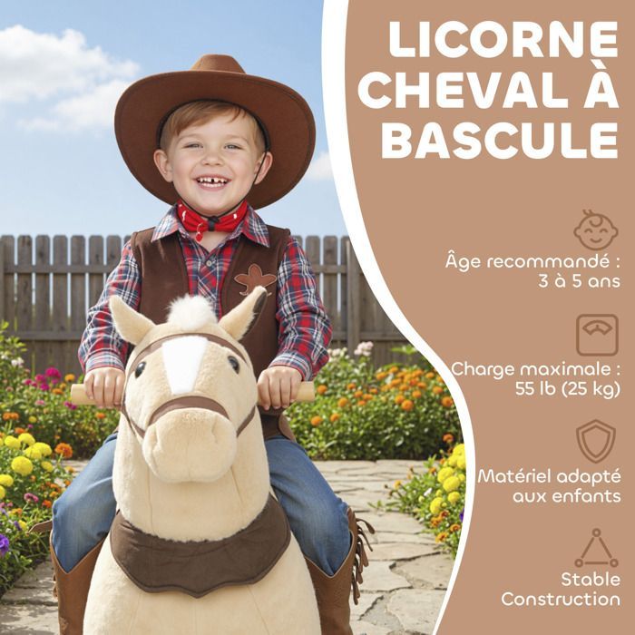 Cavallo a dondolo - animale a dondolo - AIYAPLAY - su ruote, con sella e finimenti - peluche corto - 72 x 32 x 80 cm - marrone