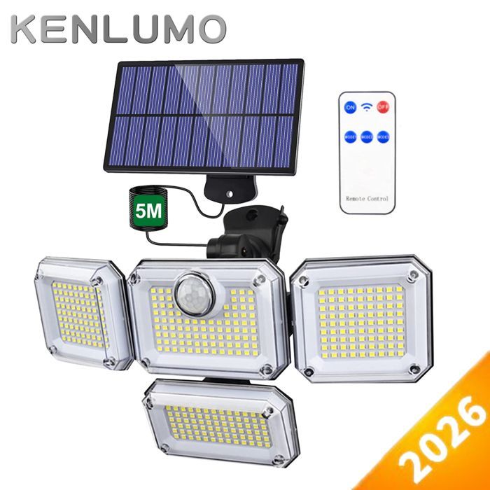 KENLUMO 333LED Lampada solare a LED con sensore di movimento, 3 modalità di illuminazione, faretto impermeabile IP65 per giardino - con telecomando