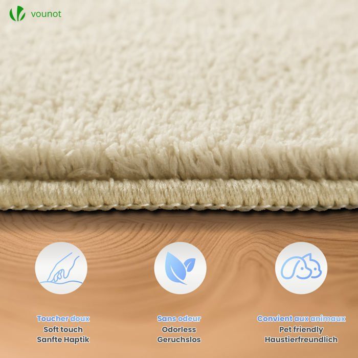 VOUNOT® Tapis de salon poils ras doux antiderapant 200x300cm uni beige