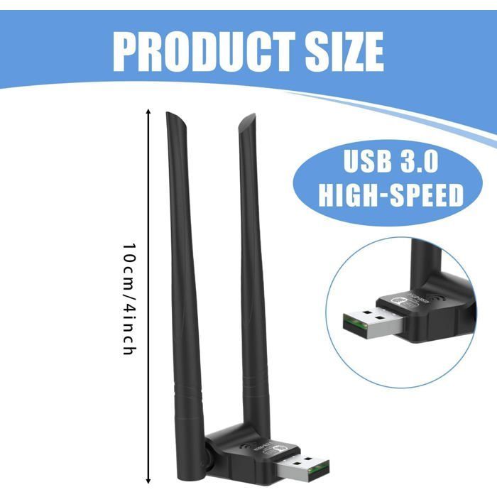 Clé WiFi USB 1Gbps Double Bande 2.4/5GHz, Adaptateur USB 3.0 avec 2 Antennes Longue Portée pour PC Windows