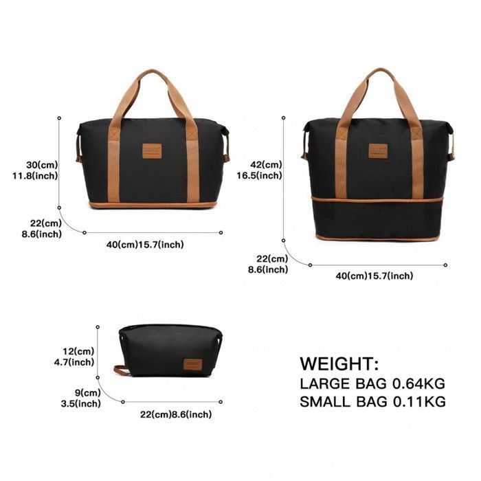 Juego de maletas de viaje Kono de 5 piezas (55/66/76 cm) con 4 ruedas y cerradura + bolsa de viaje plegable con neceser, color negro.