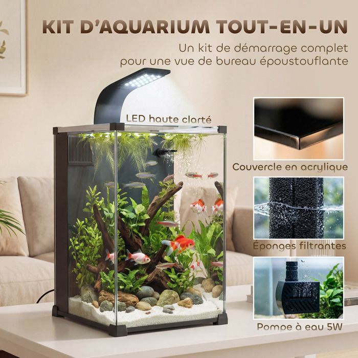 Aquarium - PawHut - 36L, nano aquarium avec filtre intégré, pompe 5W et éclairage LED - verre trempé - 30x30x45cm - noir