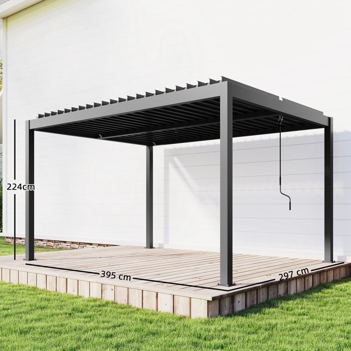 Pergola bioclimatique - Outsunny - lames orientables, manivelle - protection soleil, imperméable - aluminium - 4x3m - gris foncé