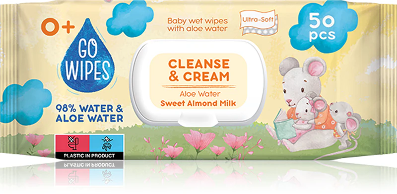 Lenços umedecidos GoWipes Cleanse & Cream com leite de amêndoas doces, suaves para bebês com pele sensível.