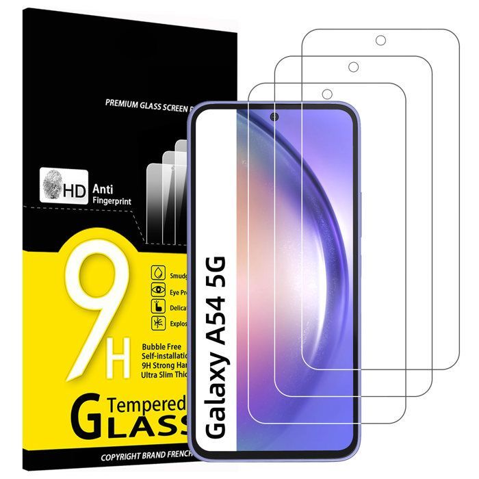 Confezione da 3 pellicole protettive in vetro temperato per Samsung Galaxy A54 5G, efficaci contro i graffi e senza bolle.
