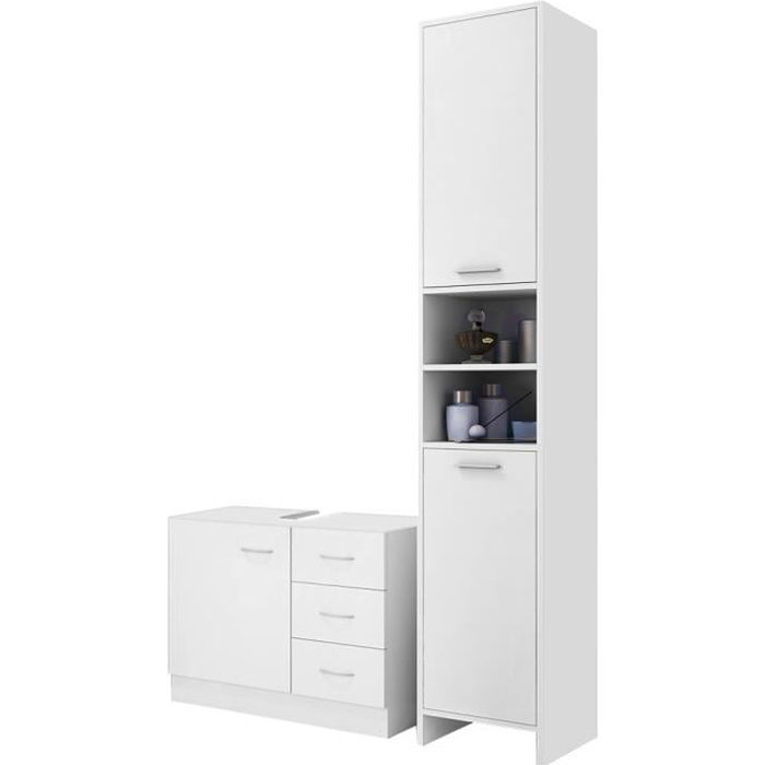 White bathroom furniture set: Vanity unit and bathroom column, tall cabinet