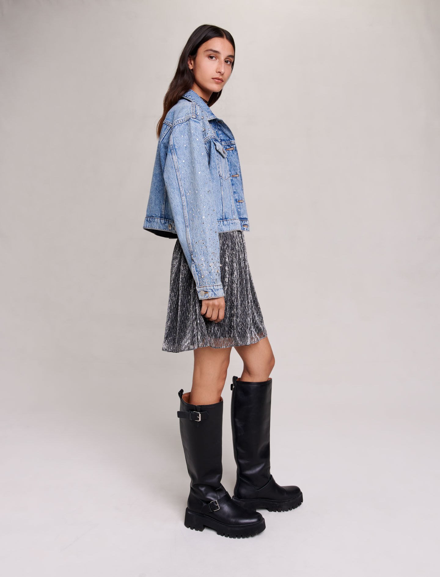 Jachetă din denim decorată cu strasuri - Albastră